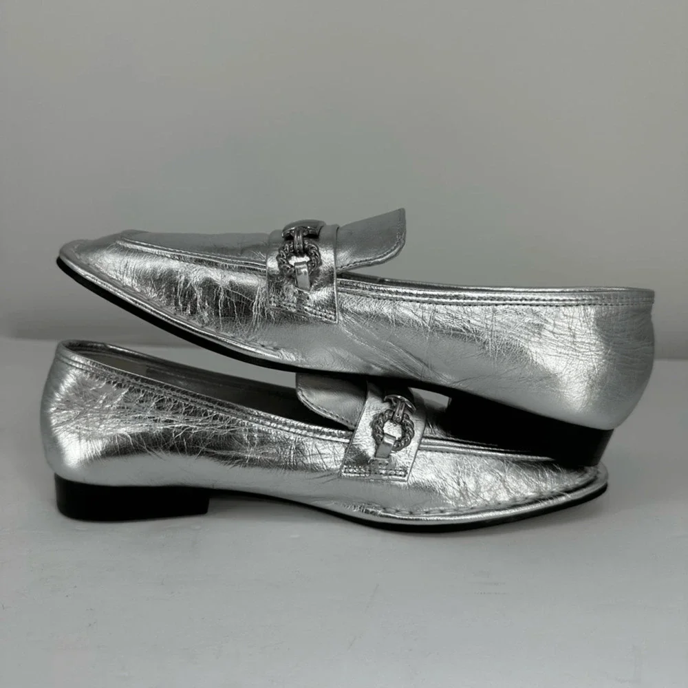 Tory Burch Perrine Metallic Chain Loafers Size 6.5 Silver Leather Flats